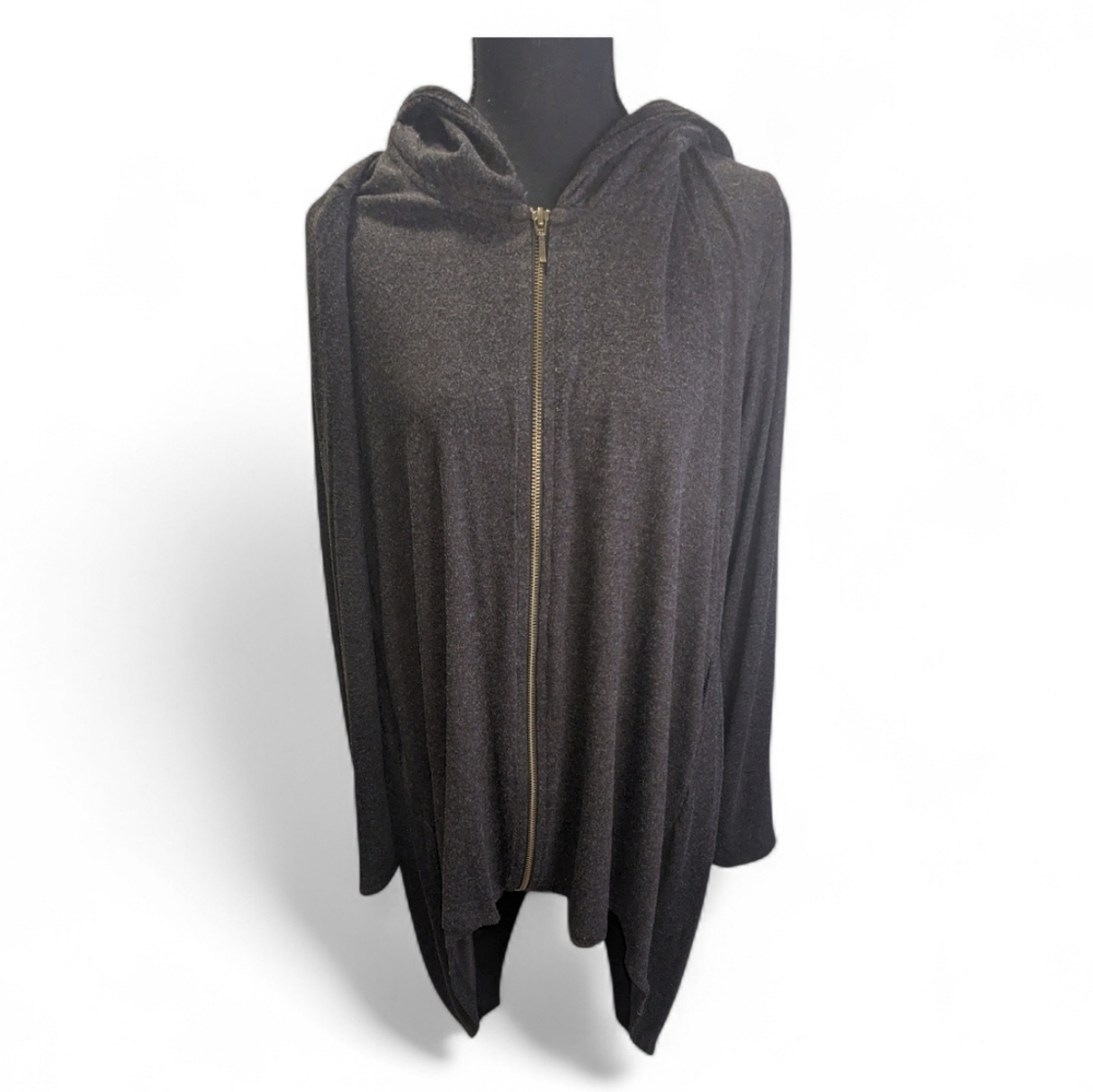 Elegant Black Hooded Boho Lagenlook Cardigan Tunic High Low Size M